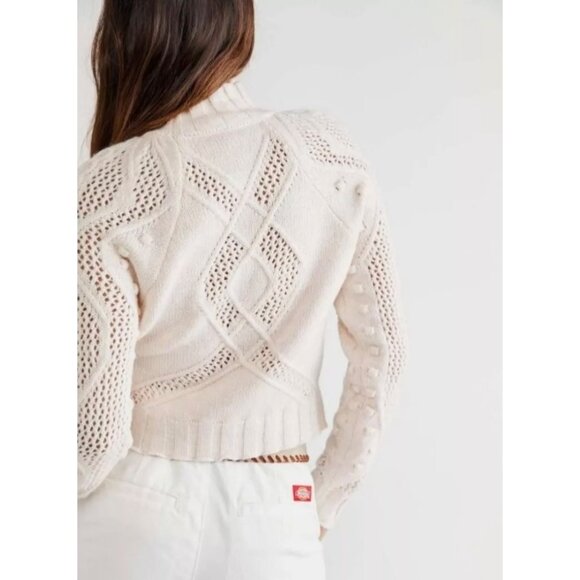 Free People Cozy Cream Cable-Knit Mock Neck Heart Sweater - Picture 9 of 15